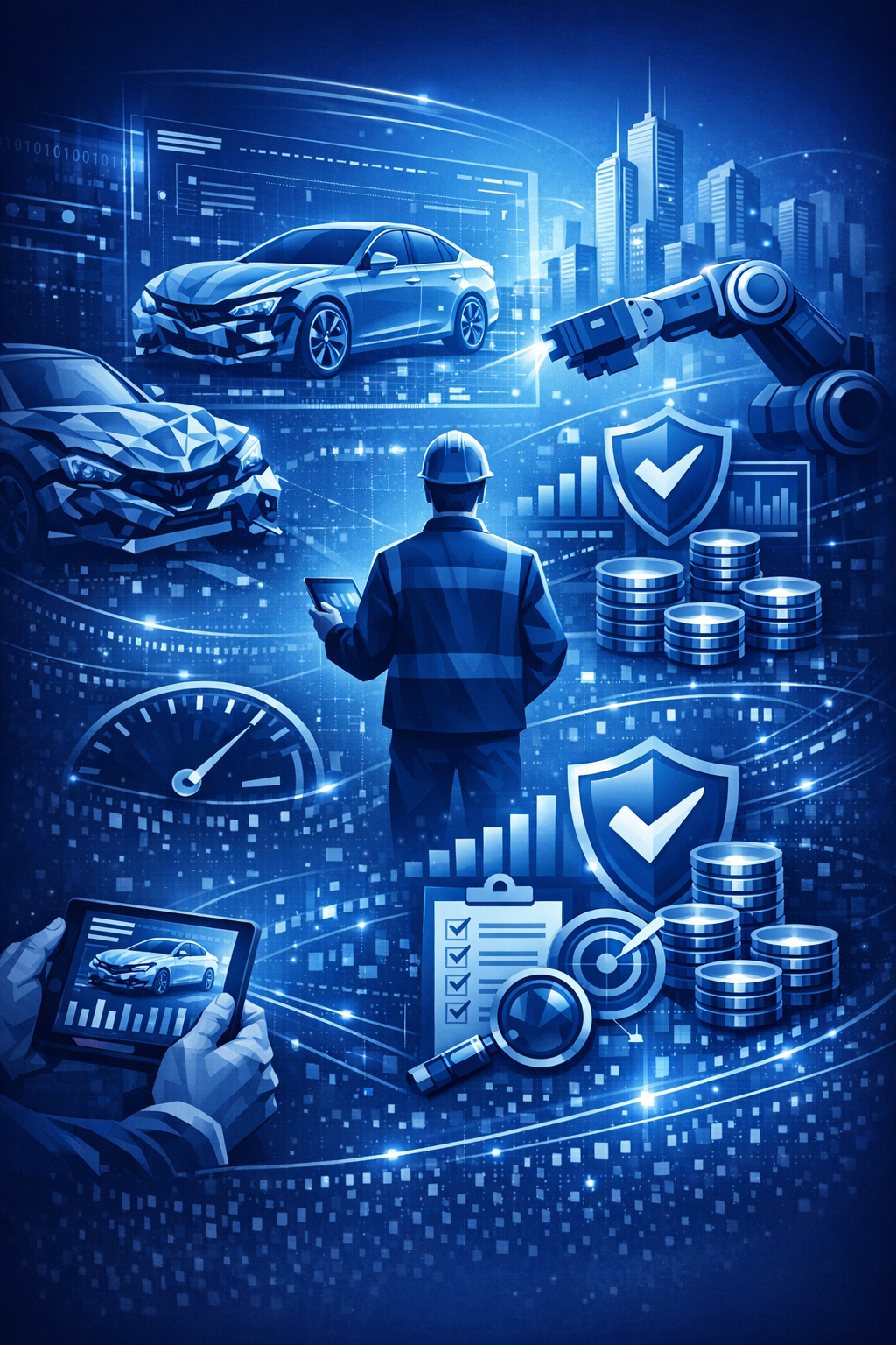Portrait illustration of a damaged car, assessor reviewing a holographic vehicle model, robotic scanner, and profitability icons in navy and light blue tones, representing fast and accurate insurance assessments.