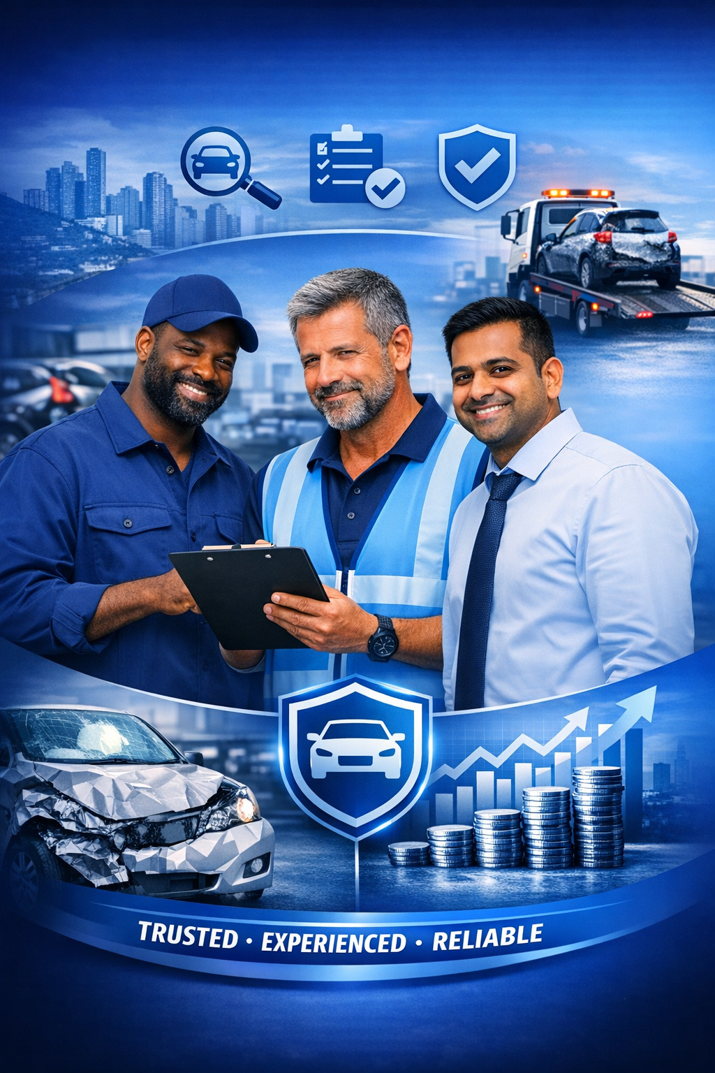 Portrait of Black, Indian, and White automotive assessors with gradient blue background and industry visuals