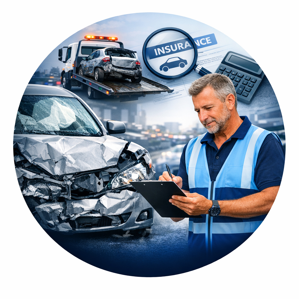 Durban-based motor vehicle assessor inspecting damaged car with gradient blue background